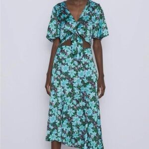 Zara Blue and Green Floral Midi Dress